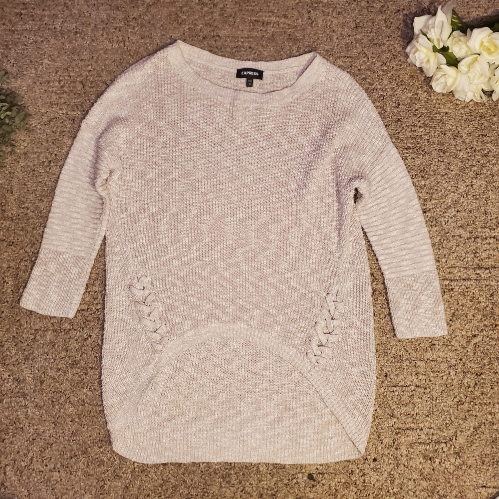 EXPRESS Round Cream High Low Lace Up Knit Sweater